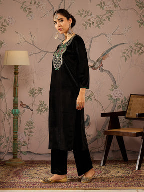 Black Velvet Front Embroidered Straight Kurta -Shae by SASSAFRAS