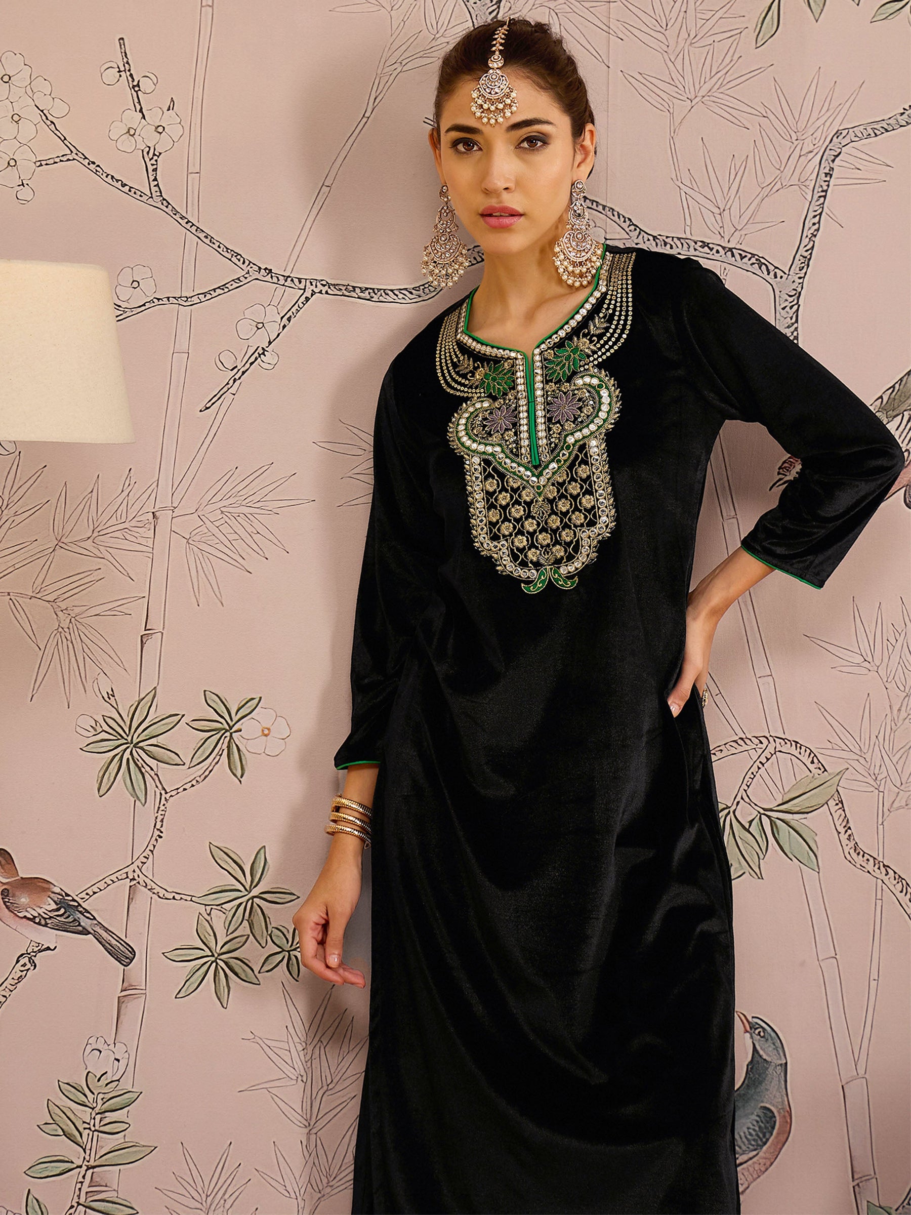 Black Velvet Front Embroidered Straight Kurta -Shae by SASSAFRAS