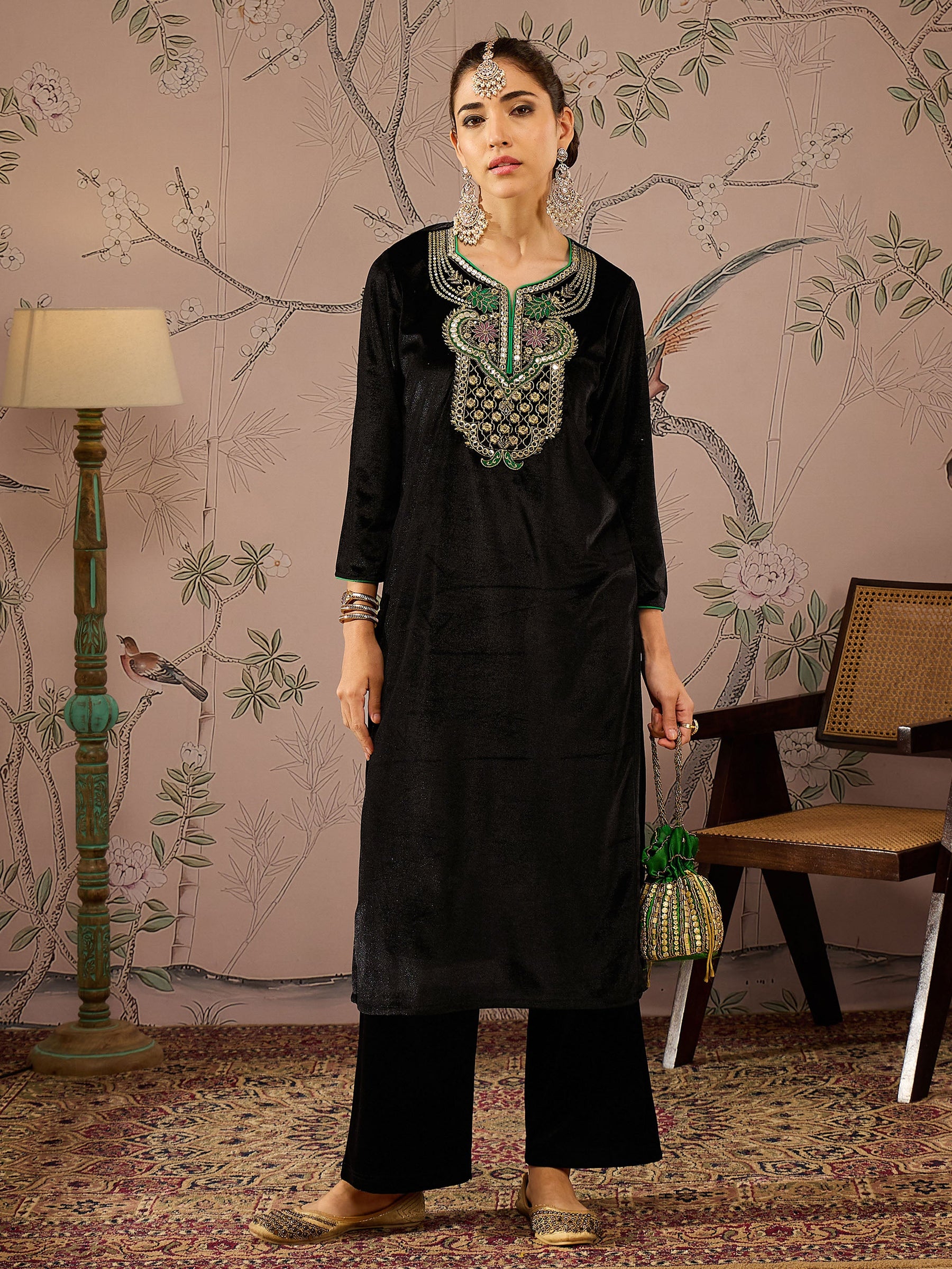 Black Velvet Front Embroidered Kurta With Straight Pants-Shae by SASSAFRAS