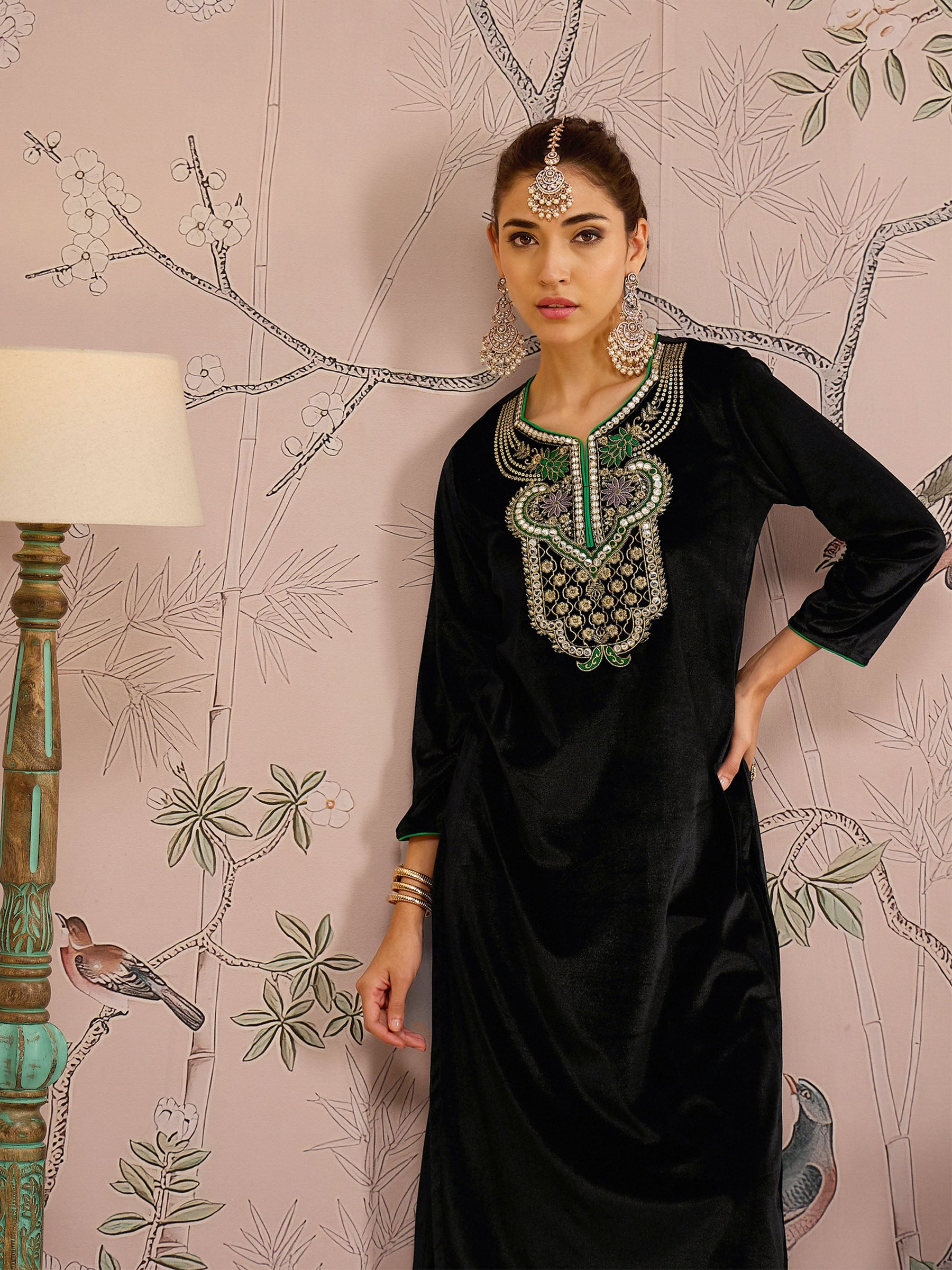 Black Velvet Front Embroidered Kurta With Straight Pants-Shae by SASSAFRAS