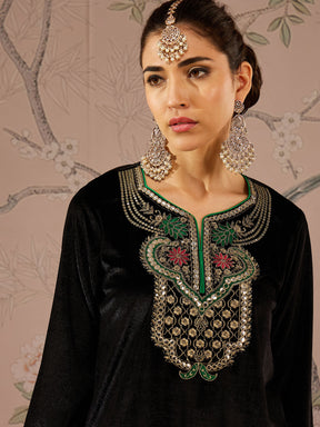 Black Velvet Front Embroidered Kurta With Straight Pants-Shae by SASSAFRAS