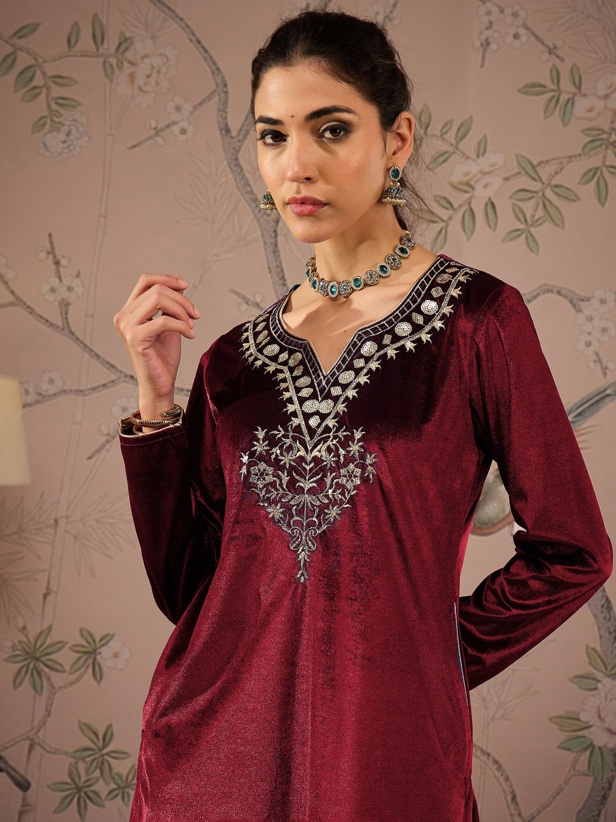 Maroon Velvet Full Sleeves Embroidered Straight Kurta-Shae by SASSAFRAS