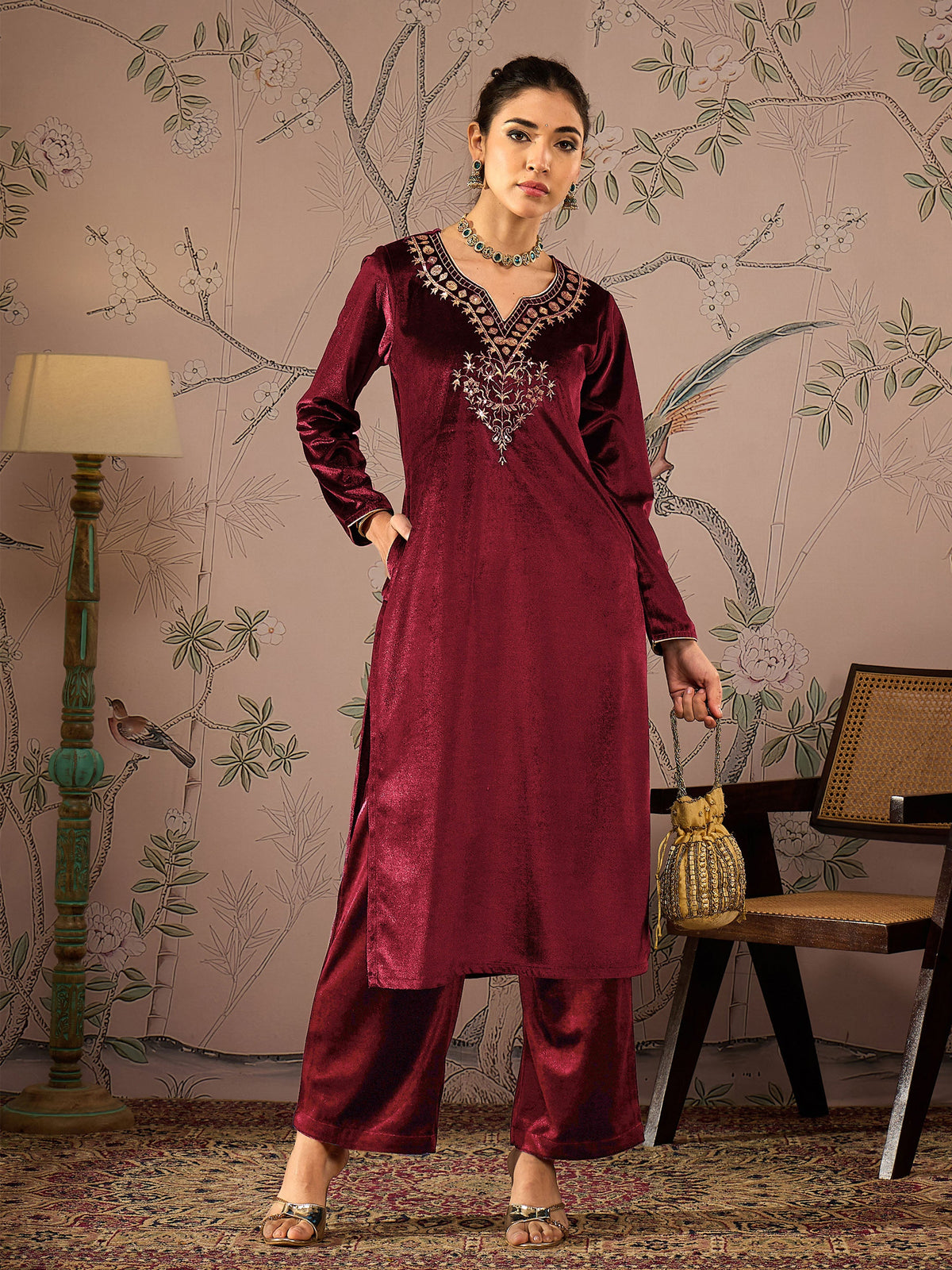 Maroon Velvet Full Sleeves Embroidered Straight Kurta-Shae by SASSAFRAS