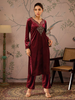 Maroon Velvet Embroidered Kurta With Straight Pants -Shae by SASSAFRAS