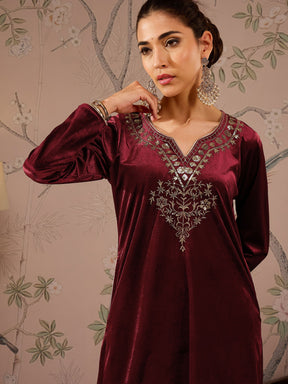 Maroon Velvet Embroidered Kurta With Straight Pants -Shae by SASSAFRAS