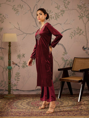 Maroon Velvet Embroidered Kurta With Straight Pants -Shae by SASSAFRAS