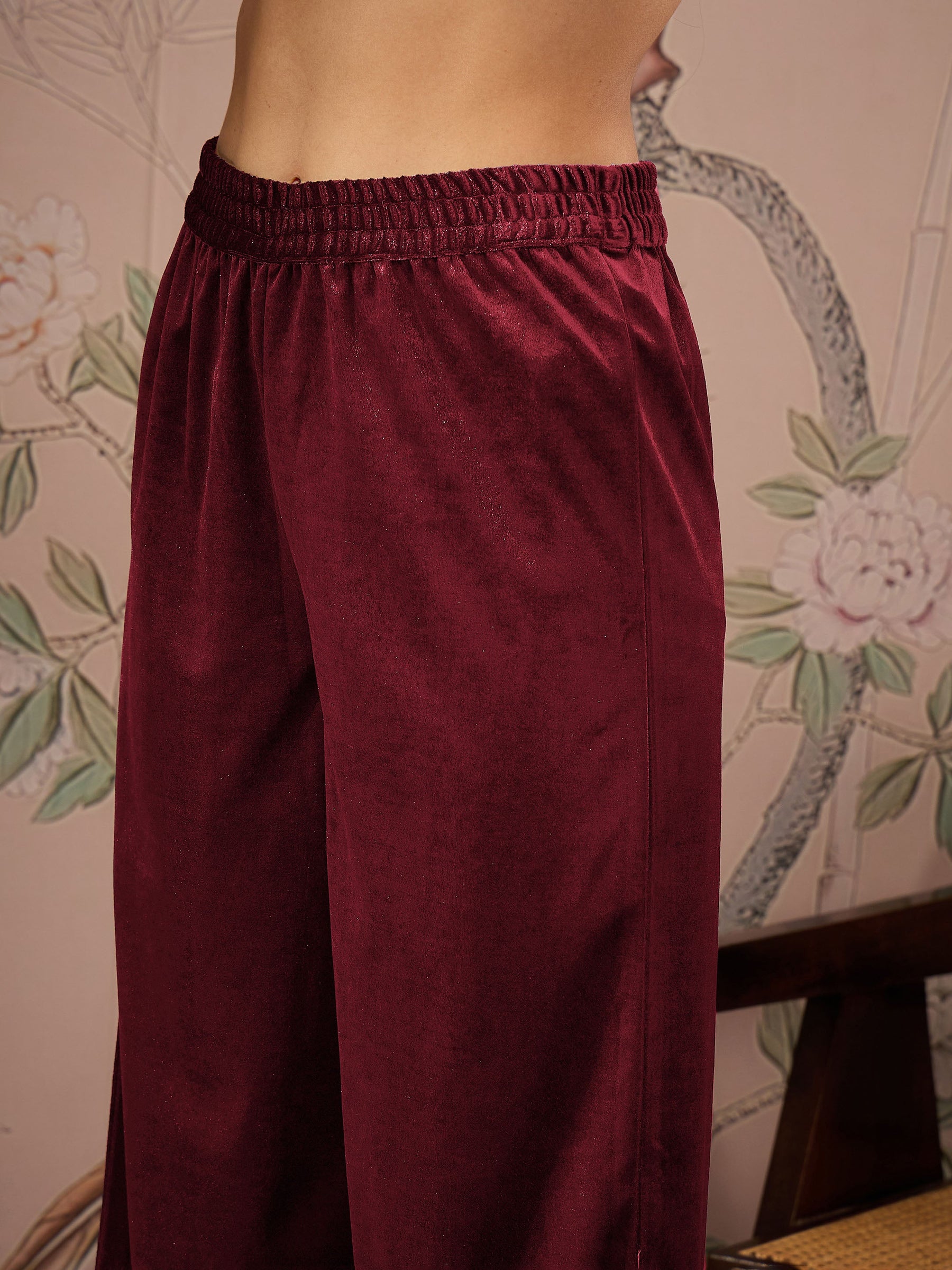 Maroon Velvet Embroidered Kurta With Straight Pants -Shae by SASSAFRAS