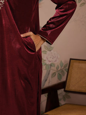 Maroon Velvet Embroidered Kurta With Straight Pants -Shae by SASSAFRAS