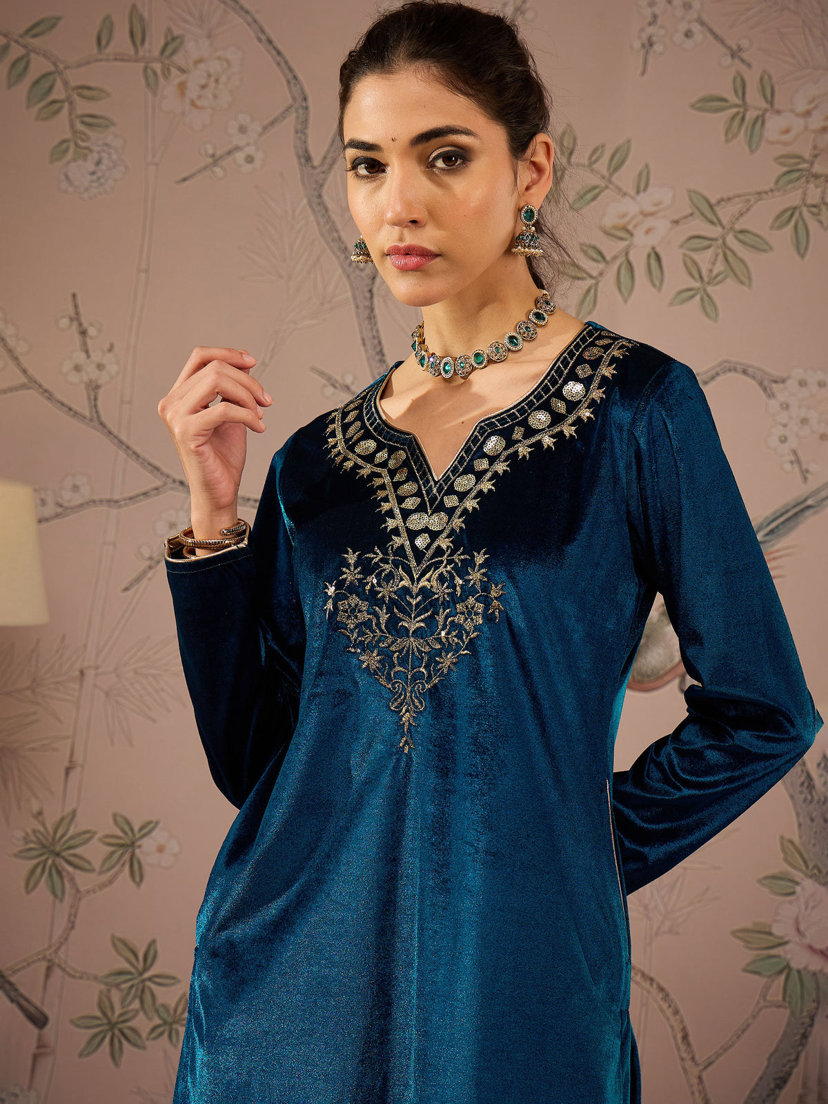 Teal Velvet Full Sleeves Embroidered Straight Kurta-Shae by SASSAFRAS