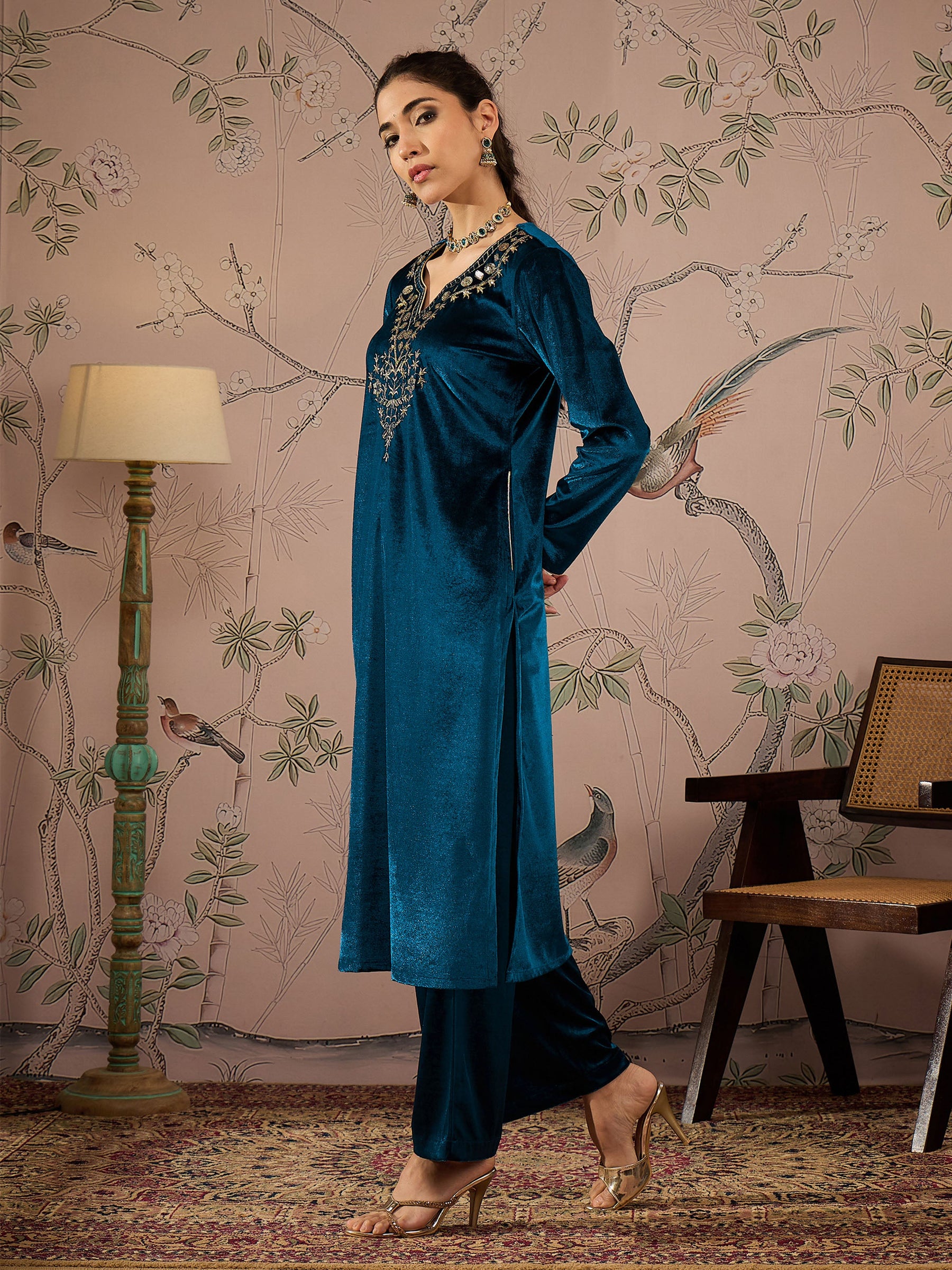 Teal Velvet Full Sleeves Embroidered Straight Kurta-Shae by SASSAFRAS