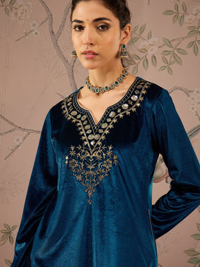 Teal Velvet Full Sleeves Embroidered Straight Kurta-Shae by SASSAFRAS