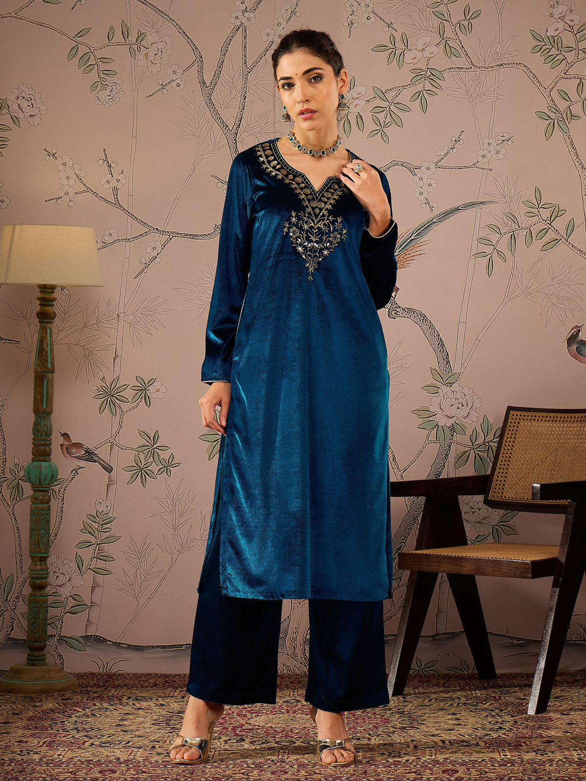 Teal Velvet Embroidered Kurta With Straight Pants-Shae by SASSAFRAS