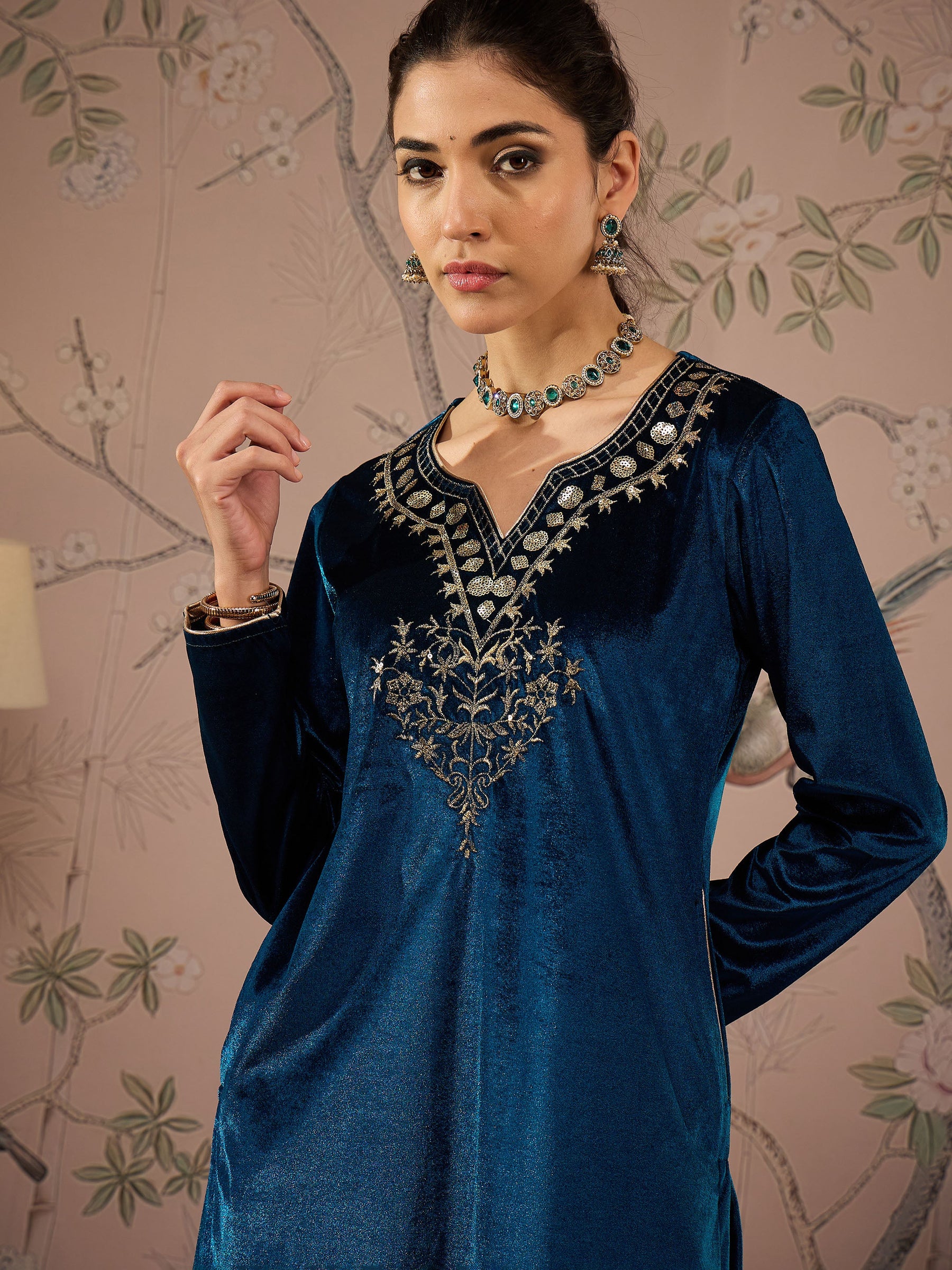 Teal Velvet Embroidered Kurta With Straight Pants-Shae by SASSAFRAS