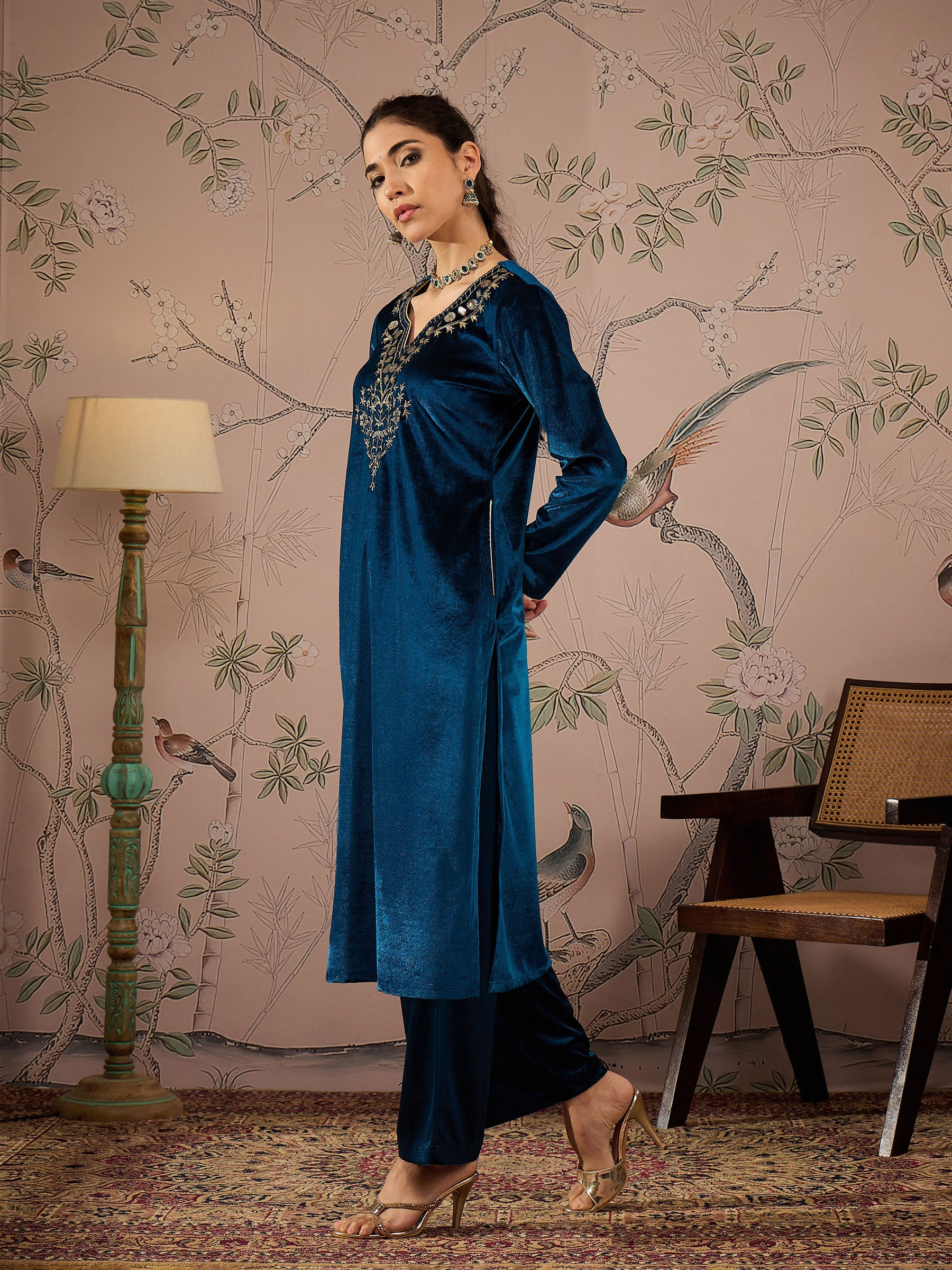 Teal Velvet Embroidered Kurta With Straight Pants-Shae by SASSAFRAS