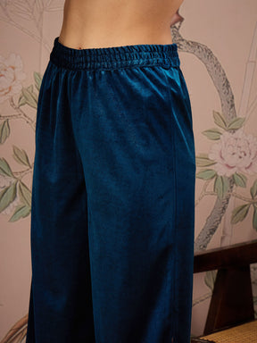 Teal Velvet Embroidered Kurta With Straight Pants-Shae by SASSAFRAS