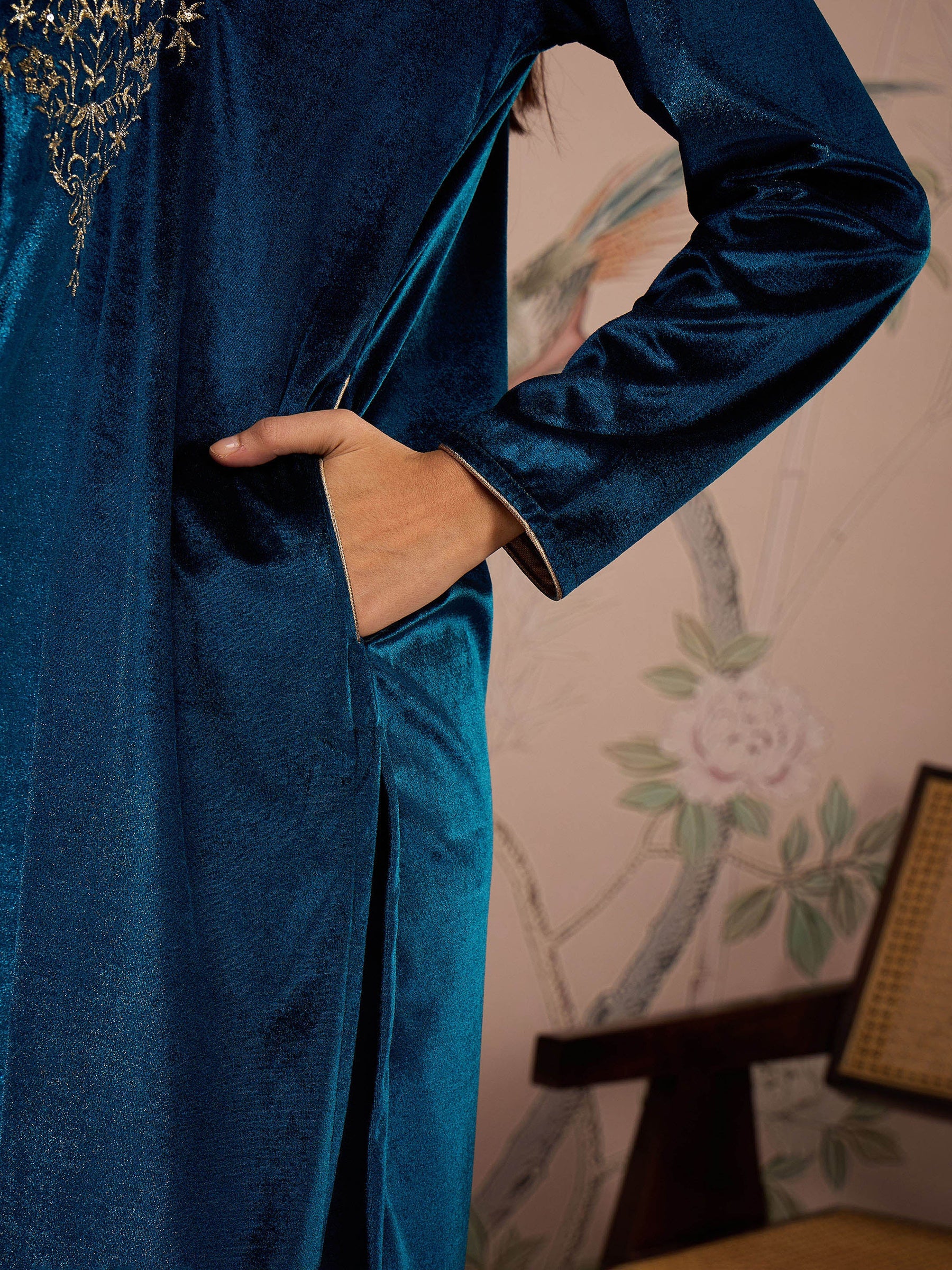 Teal Velvet Embroidered Kurta With Straight Pants-Shae by SASSAFRAS