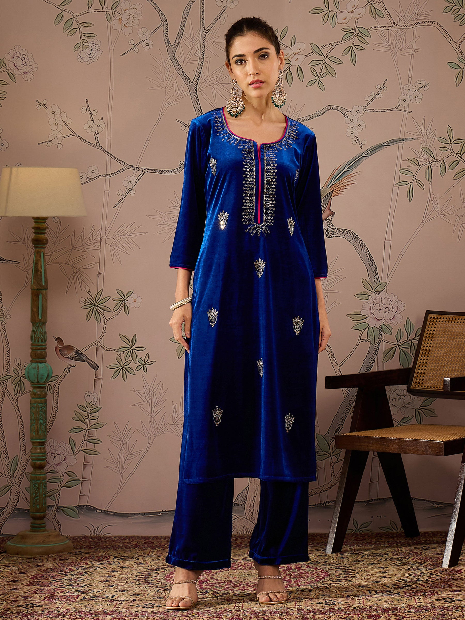 Royal Blue Velvet All Over Embroidered Straight Kurta -Shae by SASSAFRAS