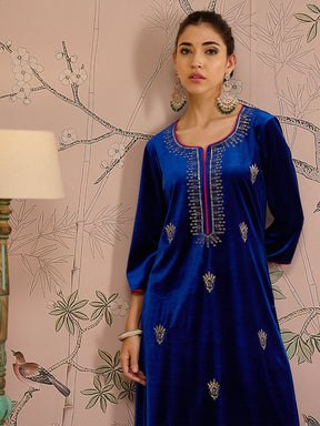 Royal Blue Velvet All Over Embroidered Straight Kurta -Shae by SASSAFRAS