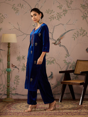 Royal Blue Velvet All Over Embroidered Straight Kurta -Shae by SASSAFRAS