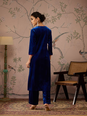 Royal Blue Velvet All Over Embroidered Straight Kurta -Shae by SASSAFRAS