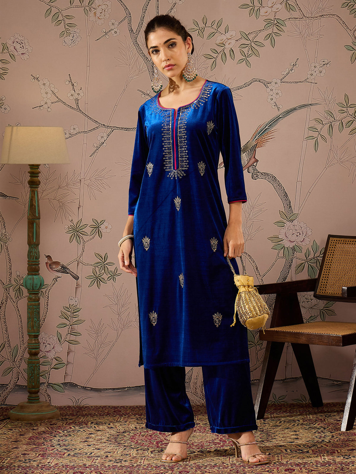 Royal Blue Embroidered Kurta With Straight Pants -Shae by SASSAFRAS