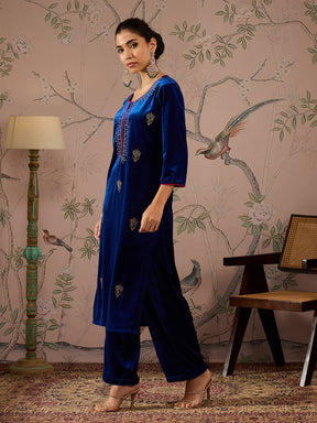 Royal Blue Embroidered Kurta With Straight Pants -Shae by SASSAFRAS