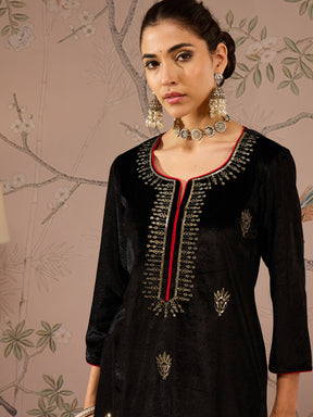 Black Velvet Front All Over Embroidered Straight kurta -Shae by SASSAFRAS