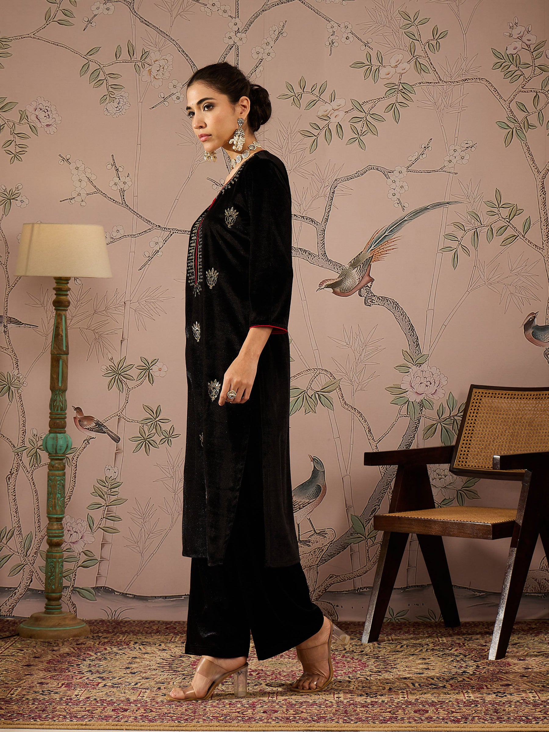 Black Velvet Front All Over Embroidered Straight kurta -Shae by SASSAFRAS