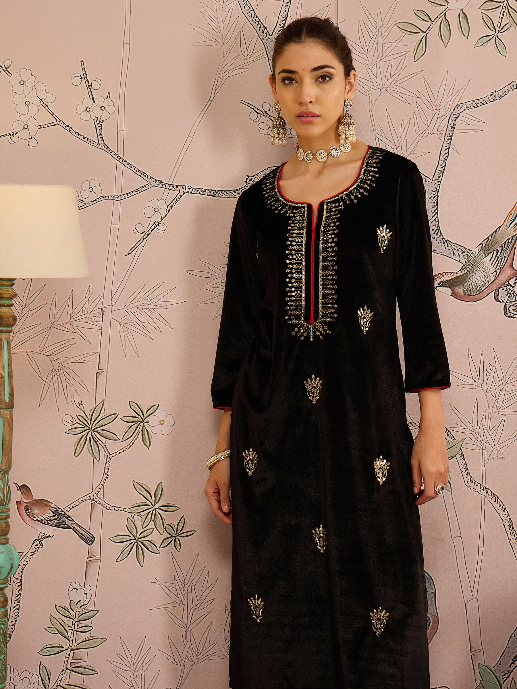 Black Velvet Front All Over Embroidered Straight kurta -Shae by SASSAFRAS