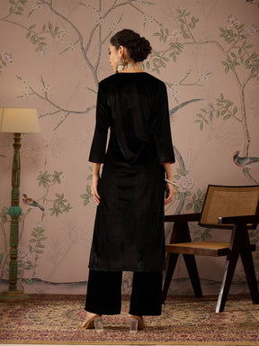 Black Velvet Front All Over Embroidered Straight kurta -Shae by SASSAFRAS