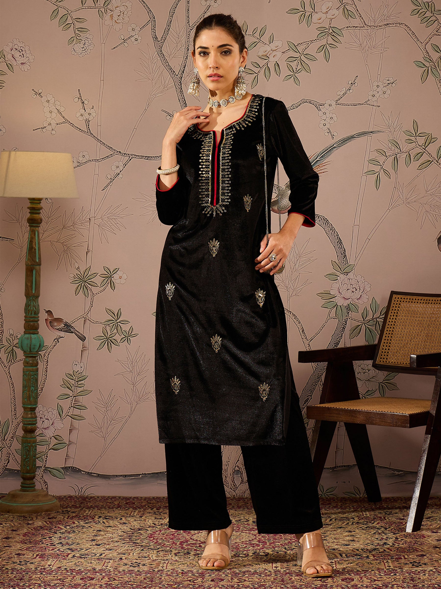 Black Velvet Embroidered Kurta With Straight Pants -Shae by SASSAFRAS