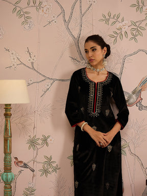 Black Velvet Embroidered Kurta With Straight Pants -Shae by SASSAFRAS