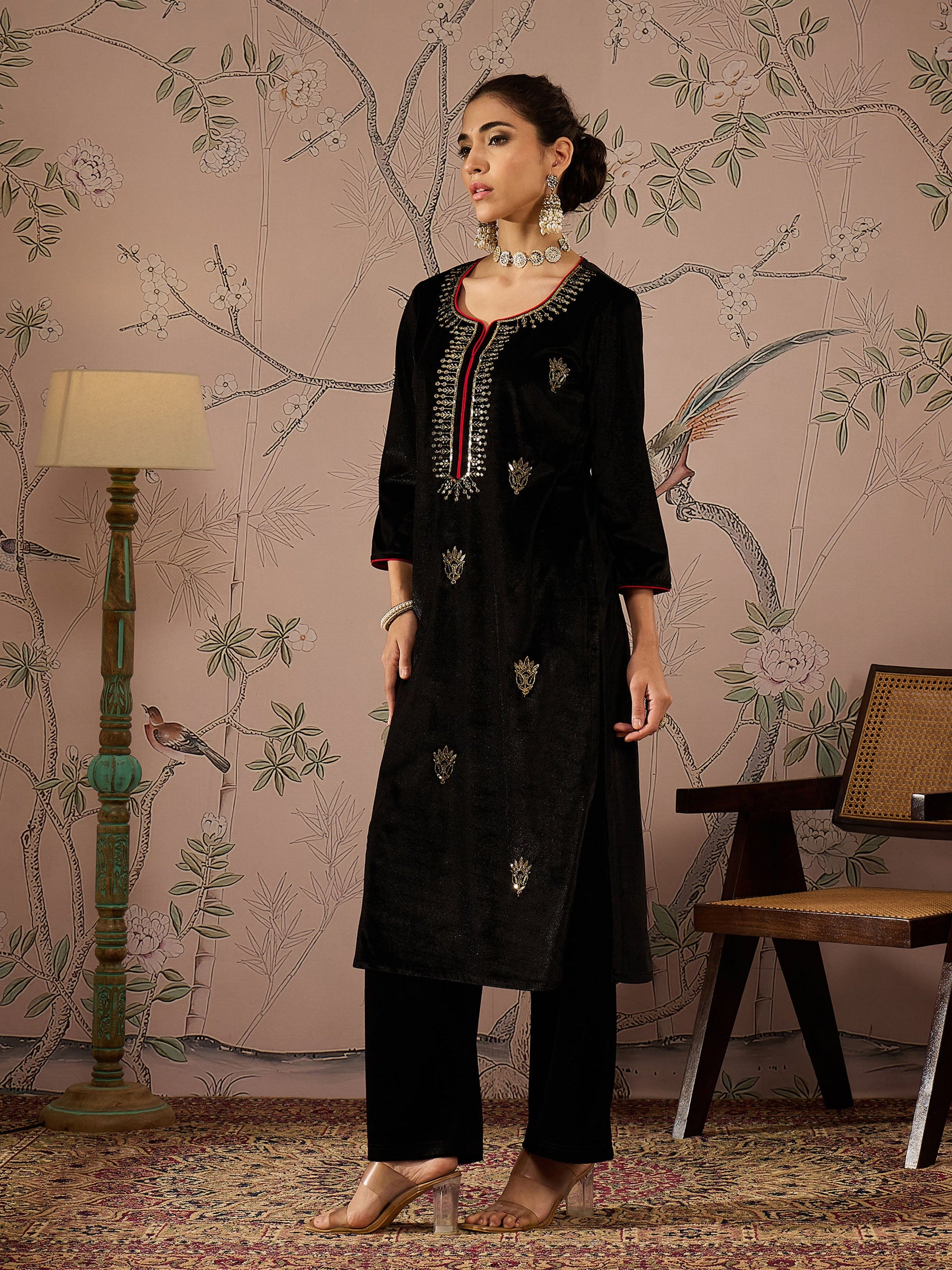 Black Velvet Embroidered Kurta With Straight Pants -Shae by SASSAFRAS