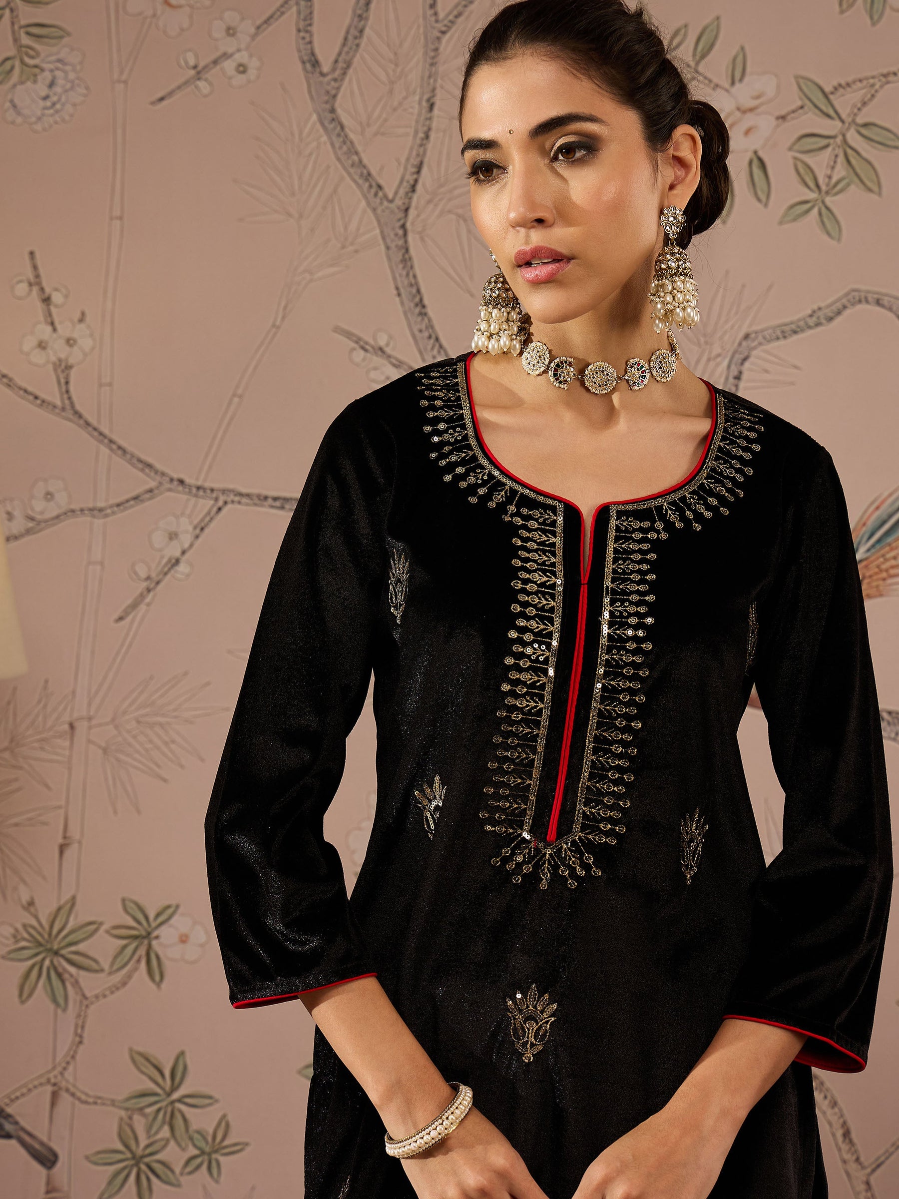 Black Velvet Embroidered Kurta With Straight Pants -Shae by SASSAFRAS