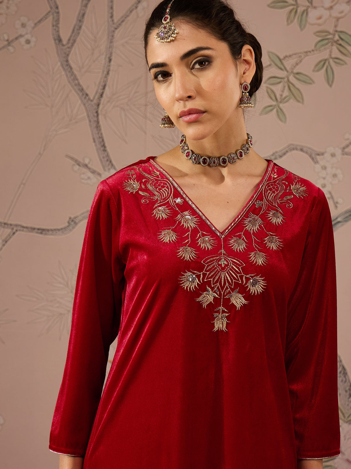 Red Velvet V-Neck Embroidered Straight Kurta-Shae by SASSAFRAS