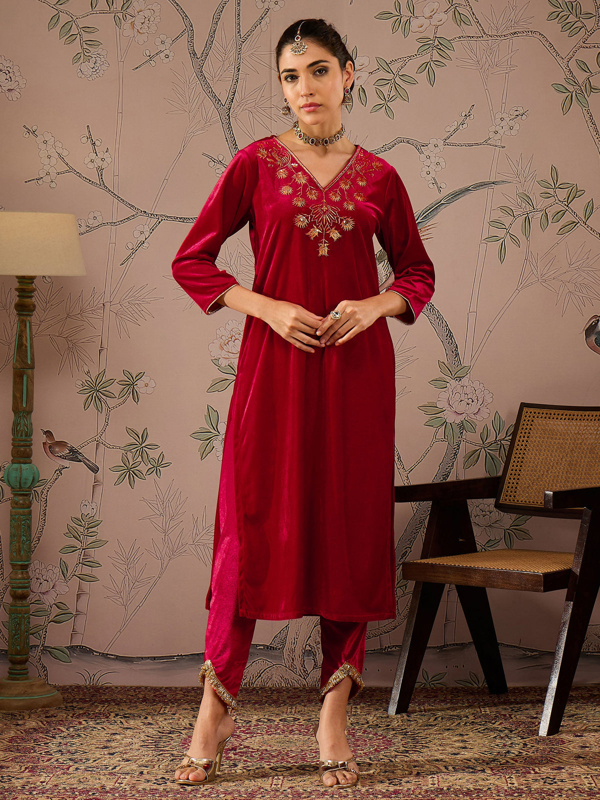 Red Velvet V-Neck Embroidered Straight Kurta-Shae by SASSAFRAS