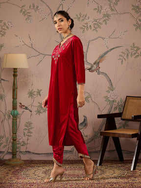 Red Velvet V-Neck Embroidered Straight Kurta-Shae by SASSAFRAS