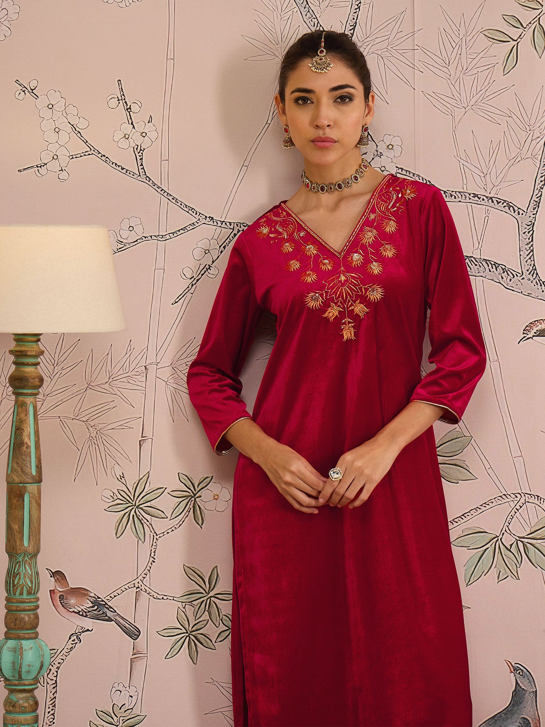 Red Velvet V-Neck Embroidered Straight Kurta-Shae by SASSAFRAS