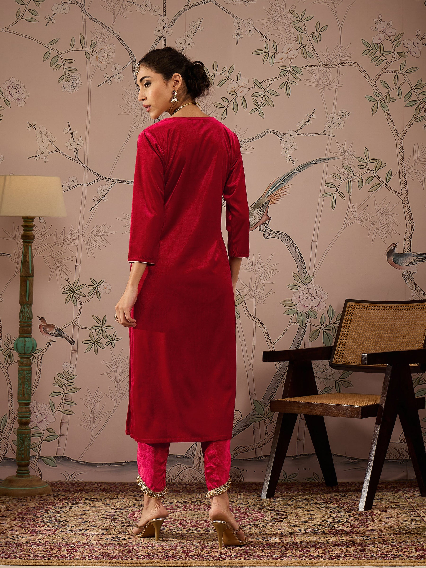 Red Velvet V-Neck Embroidered Straight Kurta-Shae by SASSAFRAS