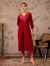 Red Velvet V-Neck Embroidered Kurta With Tulip Pants -Shae by SASSAFRAS