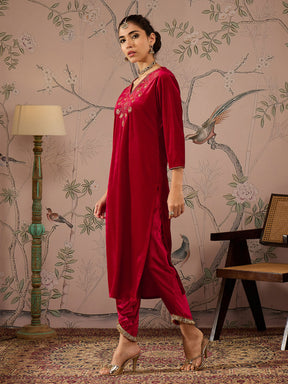 Red Velvet V-Neck Embroidered Kurta With Tulip Pants -Shae by SASSAFRAS