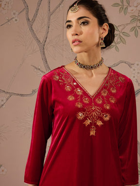 Red Velvet V-Neck Embroidered Kurta With Tulip Pants -Shae by SASSAFRAS