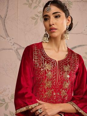 Red Velvet Round Neck Embroidered Straight Kurta-Shae by SASSAFRAS