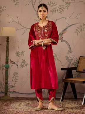 Red Velvet Round Neck Emroidered Kurta With Tulip Pants -Shae by SASSAFRAS