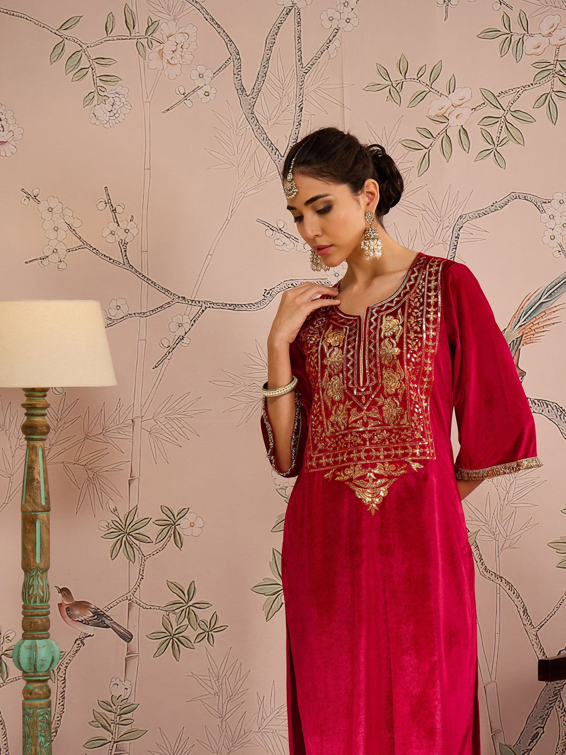 Red Velvet Round Neck Emroidered Kurta With Tulip Pants -Shae by SASSAFRAS