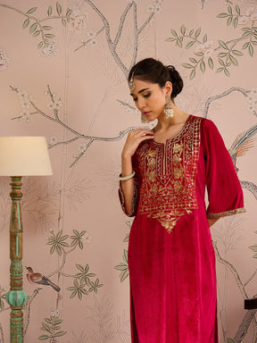 Red Velvet Round Neck Emroidered Kurta With Tulip Pants -Shae by SASSAFRAS