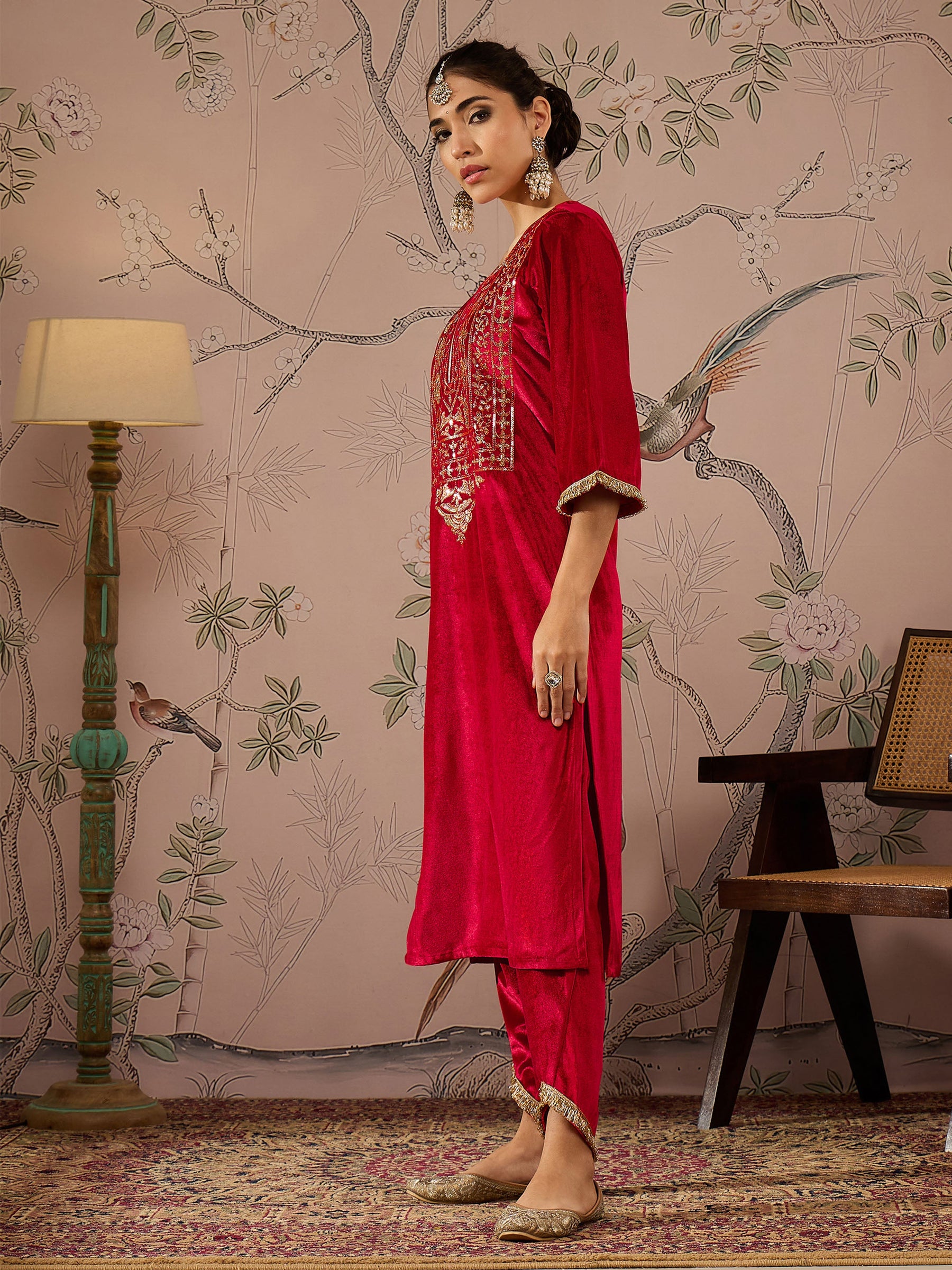 Red Velvet Round Neck Emroidered Kurta With Tulip Pants -Shae by SASSAFRAS