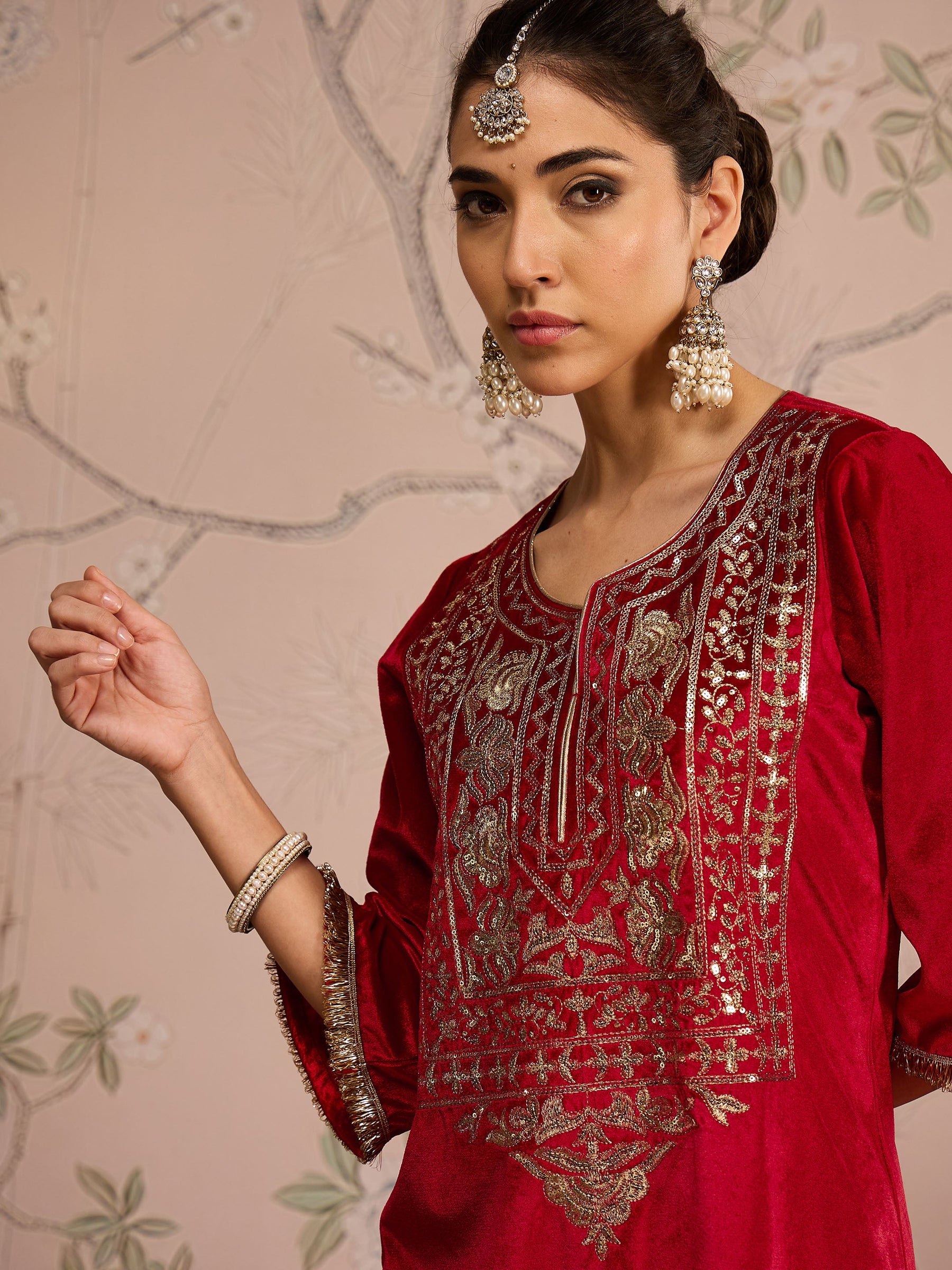 Red Velvet Round Neck Emroidered Kurta With Tulip Pants -Shae by SASSAFRAS