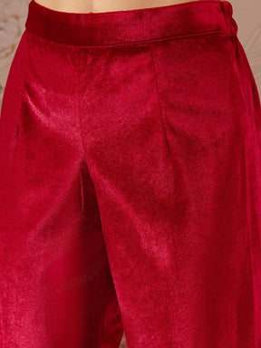 Red Velvet Round Neck Emroidered Kurta With Tulip Pants -Shae by SASSAFRAS