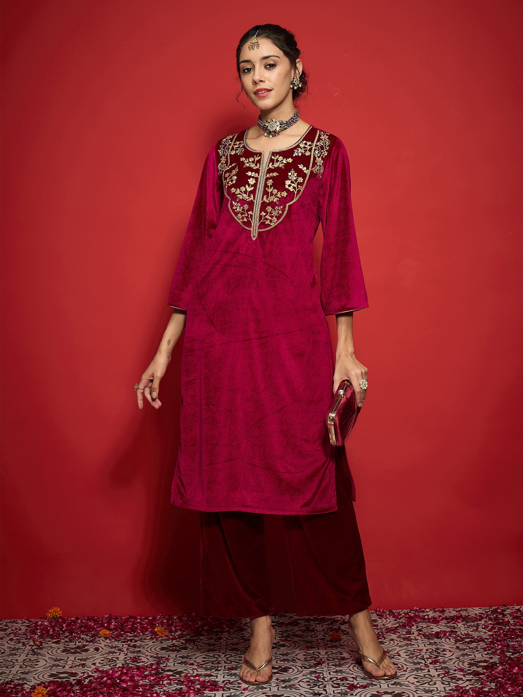 Fuchsia Velvet Round Neck Embroidered Kurta With Straight Pants-Shae by SASSAFRAS